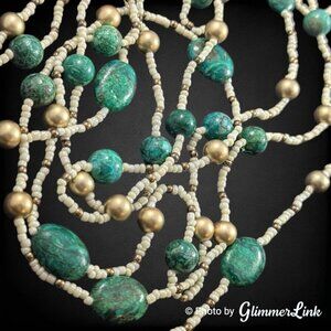 Bohemian Extra Long 84" Green Stone Seed Bead Gold Tone Bead Continuous Necklace